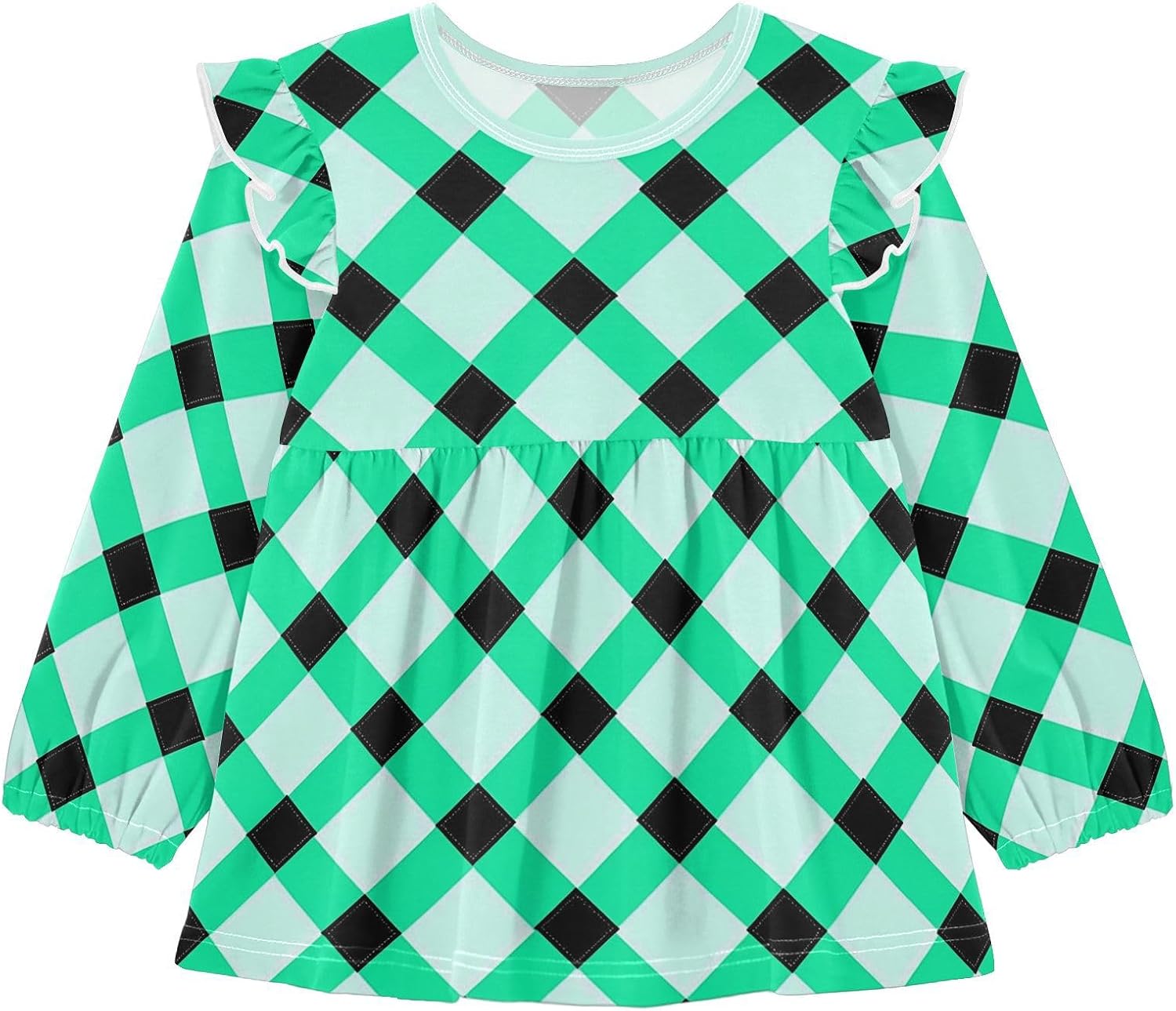 visesunny Toddler Clothes for Girls Green Black Mismatch Check Long Sleeve Fall Shirts Cotton Top with Ruffle Collar