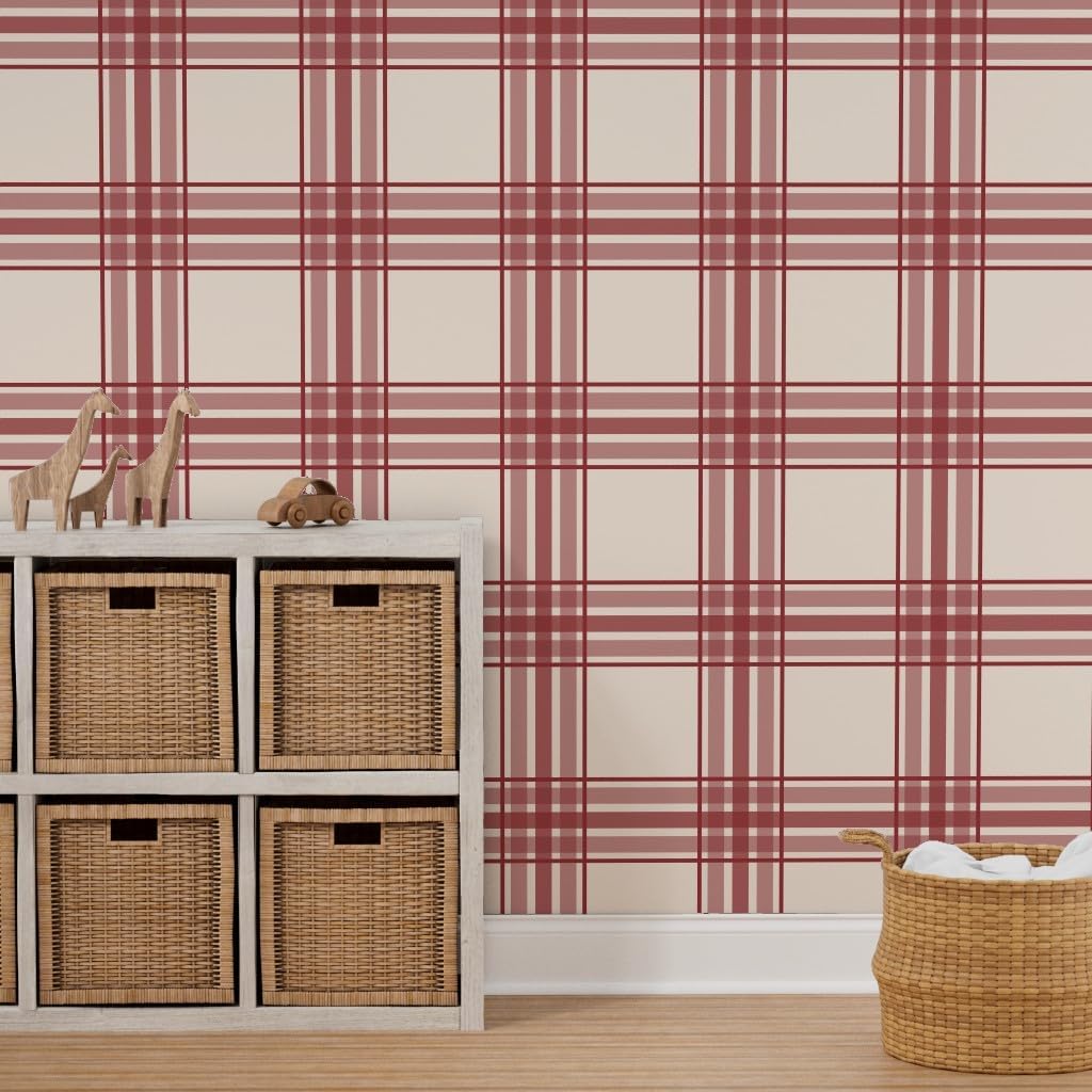 Removable Wallpaper 12ft x 2ft - Plaid Brick Red Cream Rustic Cabin Picnic Check Farmhouse Beige Custom Pre-Pasted Wallpaper by Spoonflower