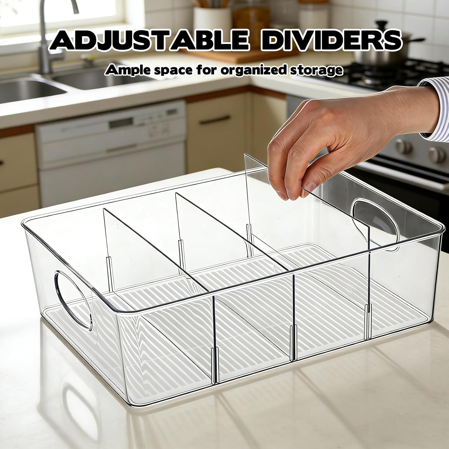 Rainmae Lid Organizer for Food Storage Container, Kitchen Pantry Lid Holder with 4 Adjustable Dividers for Cabinets and Drawer, Countertop Cupboard Lid Organization, Food Storage Container for Lids