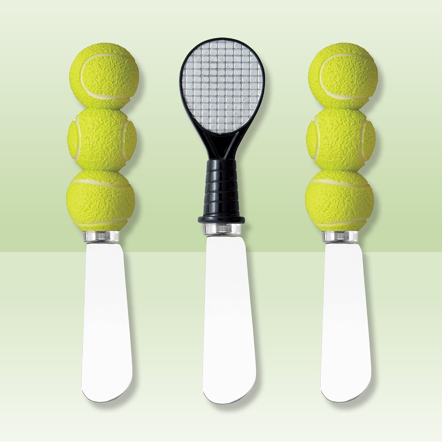 Supreme Housewares Tennis Theme Cheese Spreader Set of 3, Stainless Steel Butter Spreaders with Hand-Painted Resin Racket and Ball Handles, Sports Decor