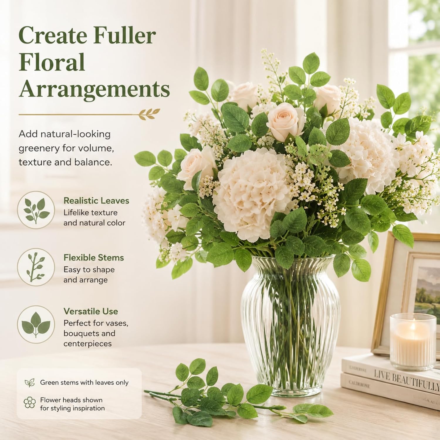 jojofuny 30Pcs Artificial Rose Stems with Leaves, Green Plastic Floral Stems 12.9 in, Faux Rose Leaf Stalks for DIY Bouquets, Wedding Centerpieces, Vase Decor and Crafts