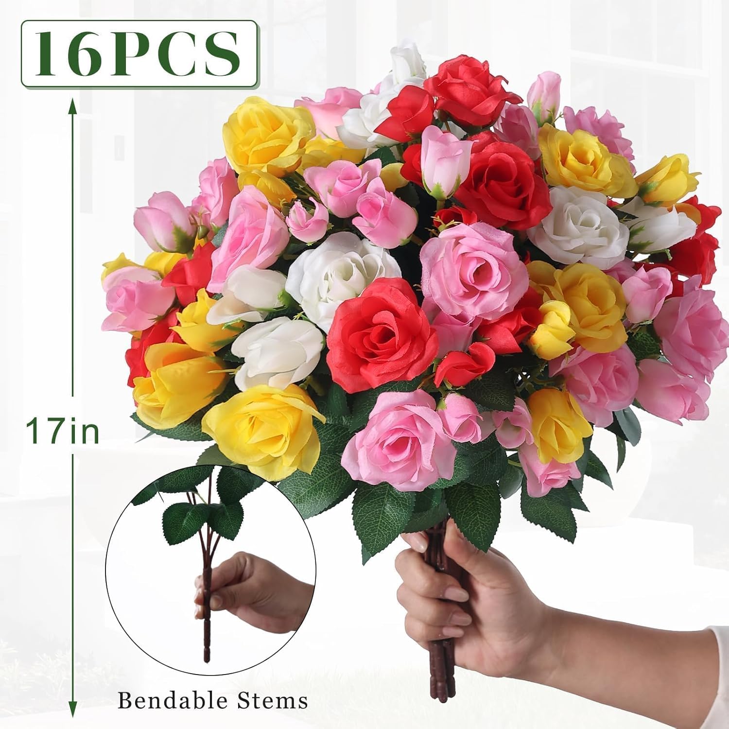 16 Bundles Artificial Roses for Front Door Outdoor Decor, Realistic Fake Silk Bouquets Flowers Faux UV Resistant Real Looking Rose Plants for Garden Farmhouse Home Spring Summer Decor (Mixed Color)