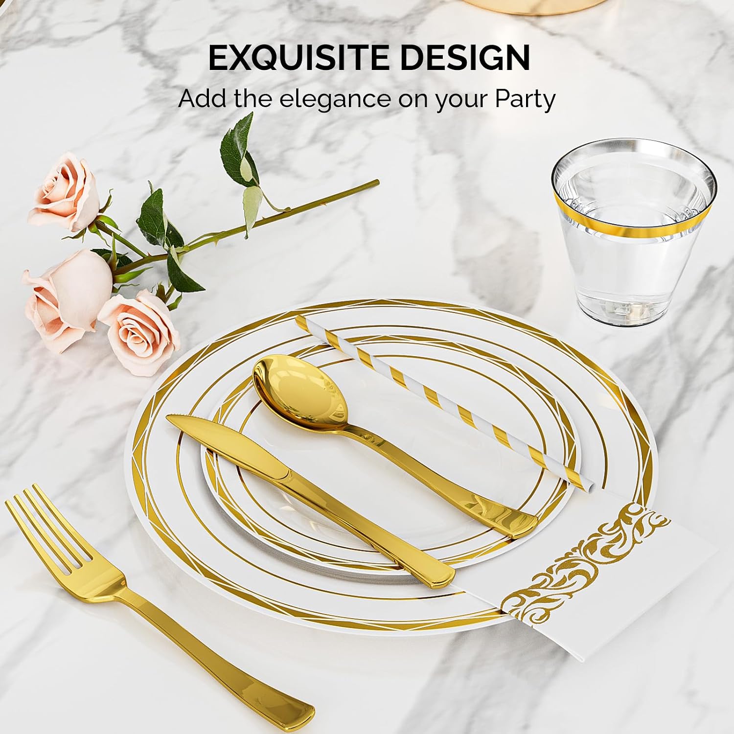 50 sets of flat plastic circular gold disposable tableware with size plates, cups, knives, forks, tissues, straws included,3-5 Day Delivery from The United States