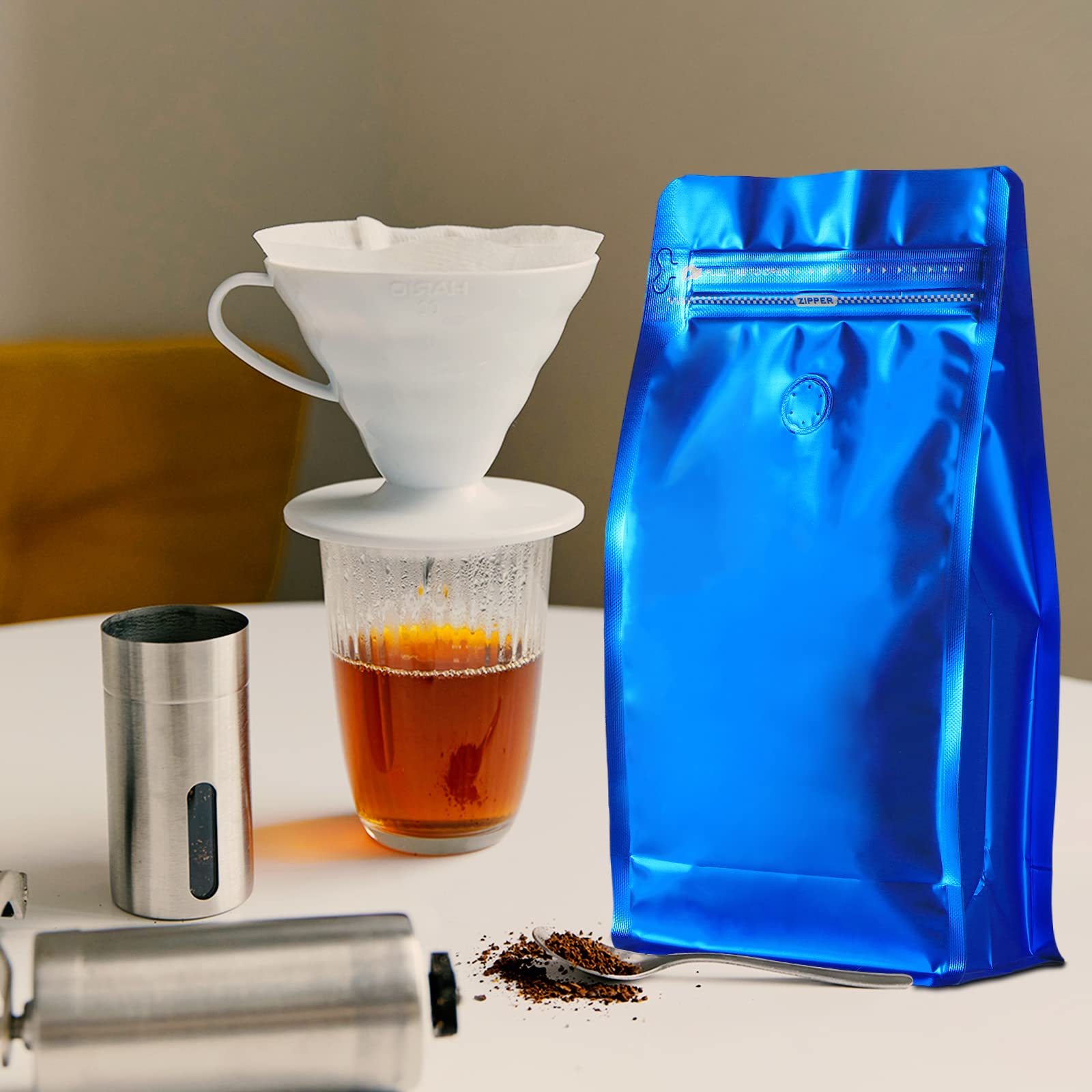 REMTAP Torby na kawę z zaworem (50 szt., 473 g) granatowe wysokie bariery folia aluminiowa płaskie dno stojące torby do przechowywania ziaren kawy, wielokrotnego użytku zamykane termicznie boczne woreczki na zamek błyskawiczny do domu lub sklepu