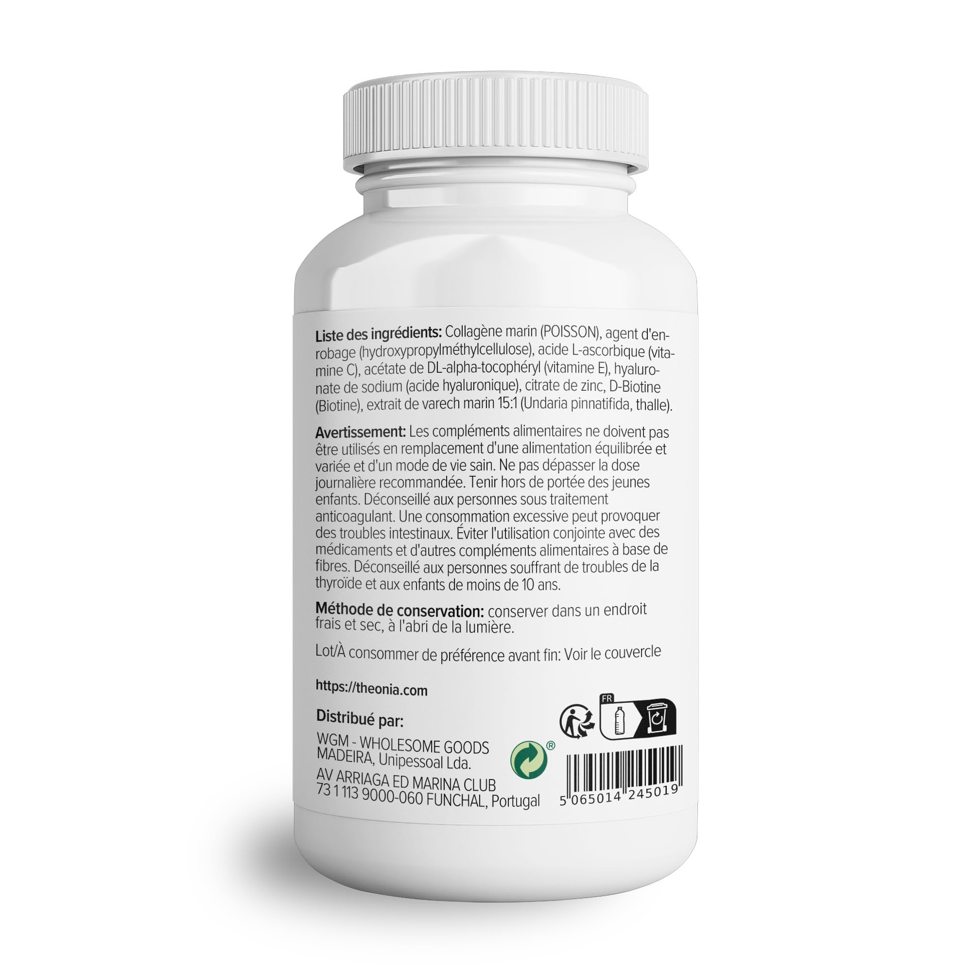 Complexe collagène Theonia 60 capsules, acide hyaluronique & varech marin | vitamine E, C, biotine, ongles sains, peau, métabolisme des articulations des cheveux, supplément marin de type 1