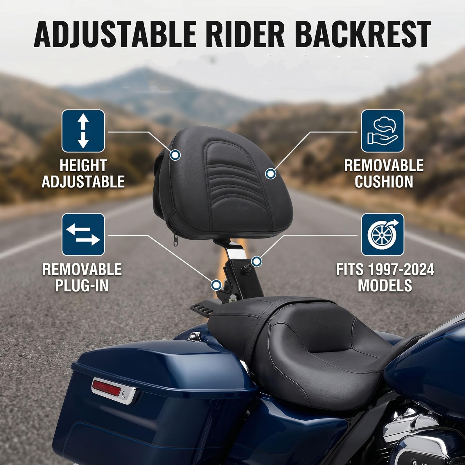 AMONIDA Zdejmowane Oparcie Kierowcy Comfort do Touringu Electra Glide CVO 1997-2024 Regulowane, Czarna Stal, 1 Sztuka