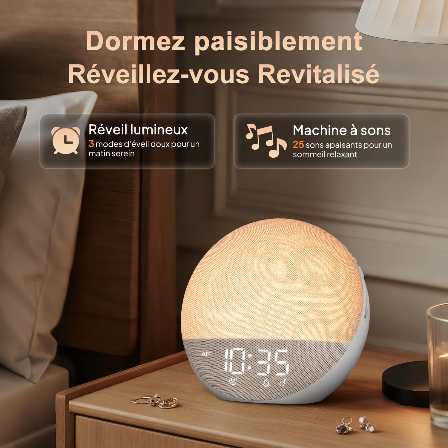 Réveil Simulateur d'Aube avec Bluetooth: Lumière Douce pour Un Réveil Naturel - 25 Sons de Bruit Blanc avec minuterie - Veilleuse RGB pour Adultes et Enfants Chambre à Coucher