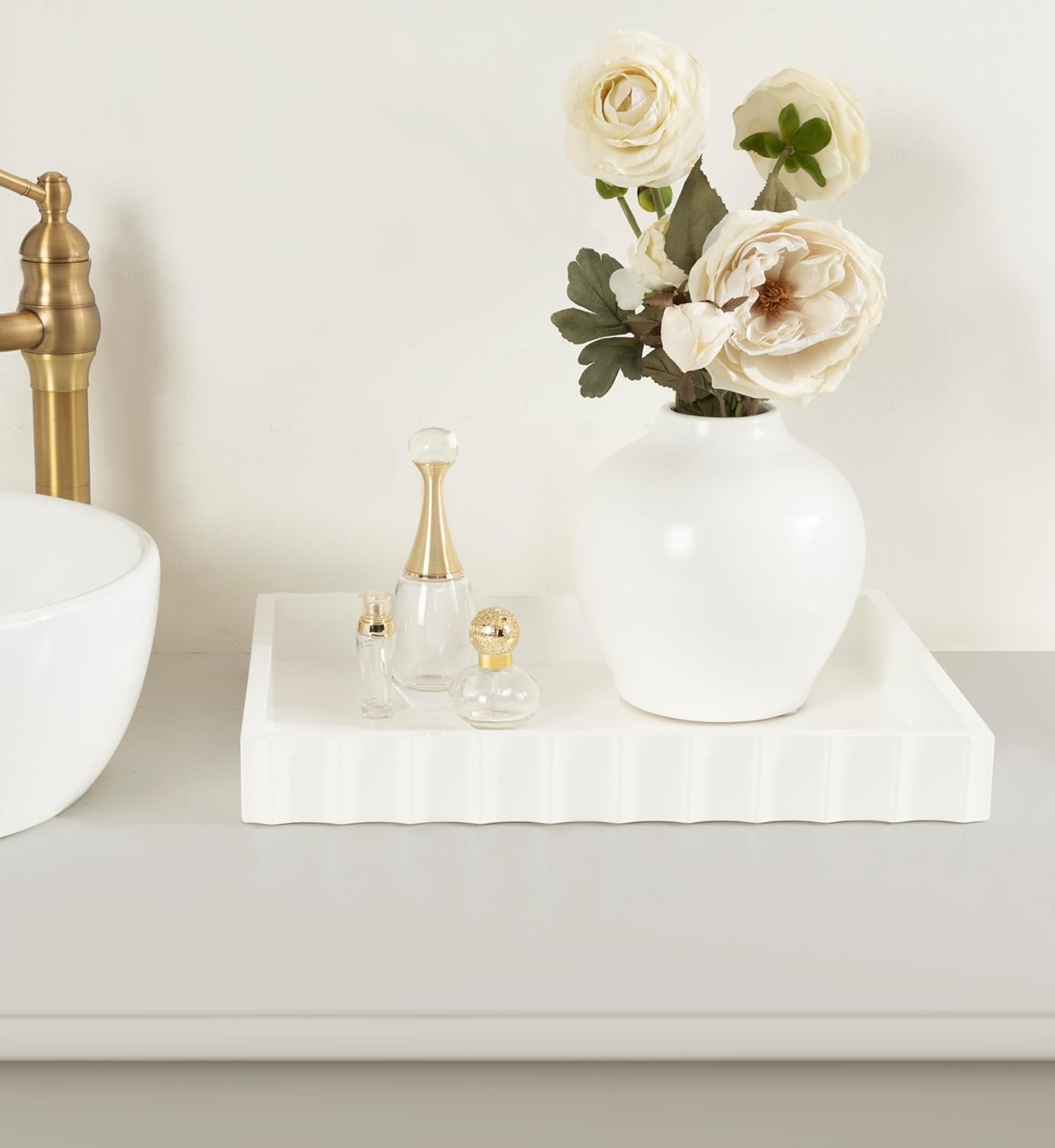 Kate and Laurel Lissi Decorative Rectangle Tray with Wavy Design; 16 x 12; White; Modern Scalloped Serving Tray for Coffee Table Ottoman; Dining Table; or Entryway Catch-All Tray