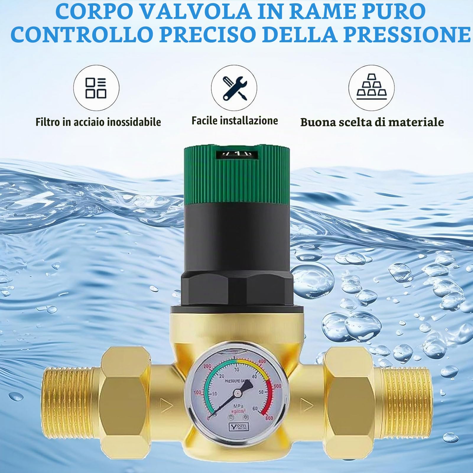 Riduttore Di Pressione Acqua, 1/2 Pollici DN15 Regolatore Di Pressione Acqua Con Manometro, Valvola Di Riduzione Della Pressione Dell'Acqua Ottone Riduttore Pressione Acqua