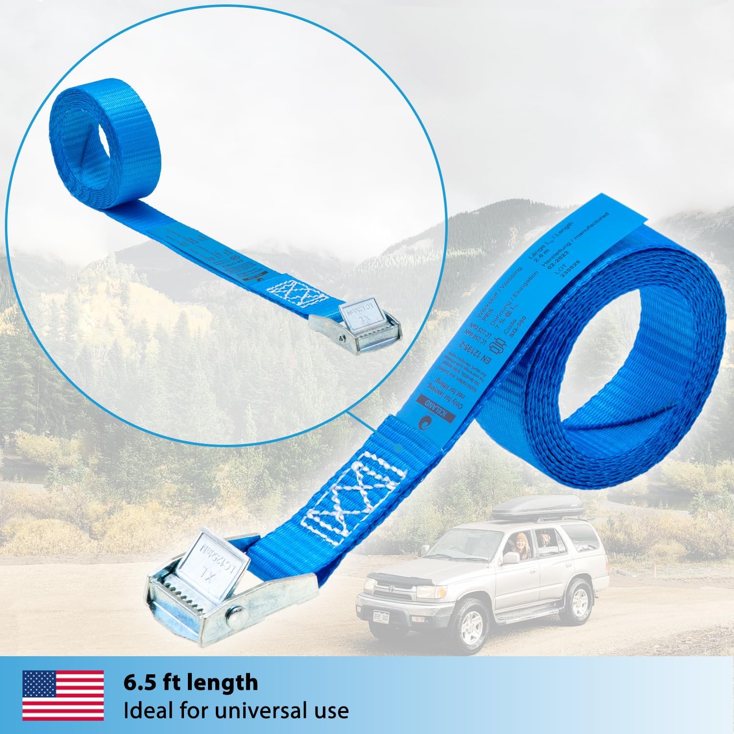 valonic Iceland - tie Down Straps - 4 Pack, 6.5 ft x 1 inch, 1100 lbs, Protection pad, TÜV Rheinl. Certified, cam Buckle - for roof Rack, Surfboard, Kayak, Boat and Bike, Black