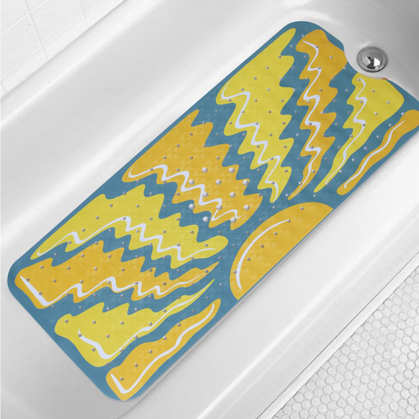 Sun Bathtub Mat Non Slip for Kids 40x16in Extra Long Anti Slip Bath Mat for Tub Abstract Art Bath Shower Mat with Large Drain Holes and Suction Cups