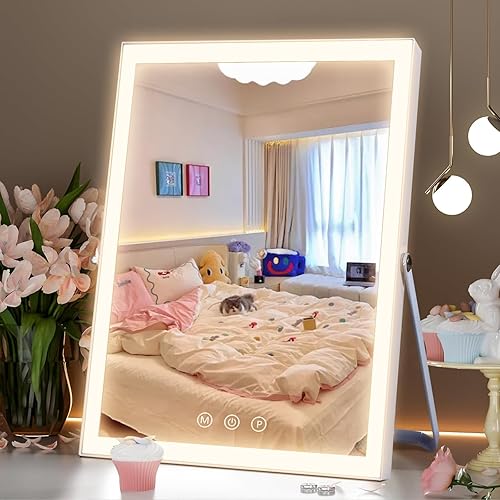 Vanity Mirror with Lights,10"x12" Lighted Makeup Mirror, 3 Colors Dimmable, 360 Degree Rotation Makeup Mirror with Lights, Dual Power Supply, Portable Led Makeup Mirror, Smart Touch Control (White)