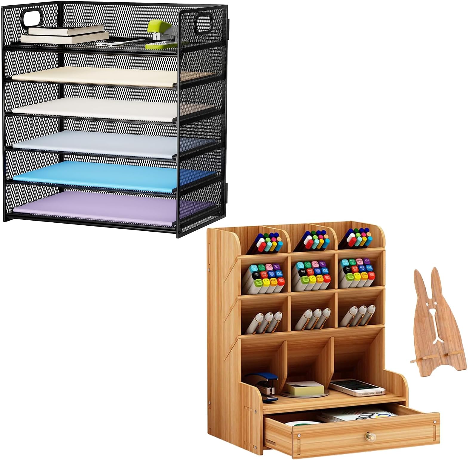 Marbrasse 6 Tier Paper Organizer Letter Tray+Wooden Desk