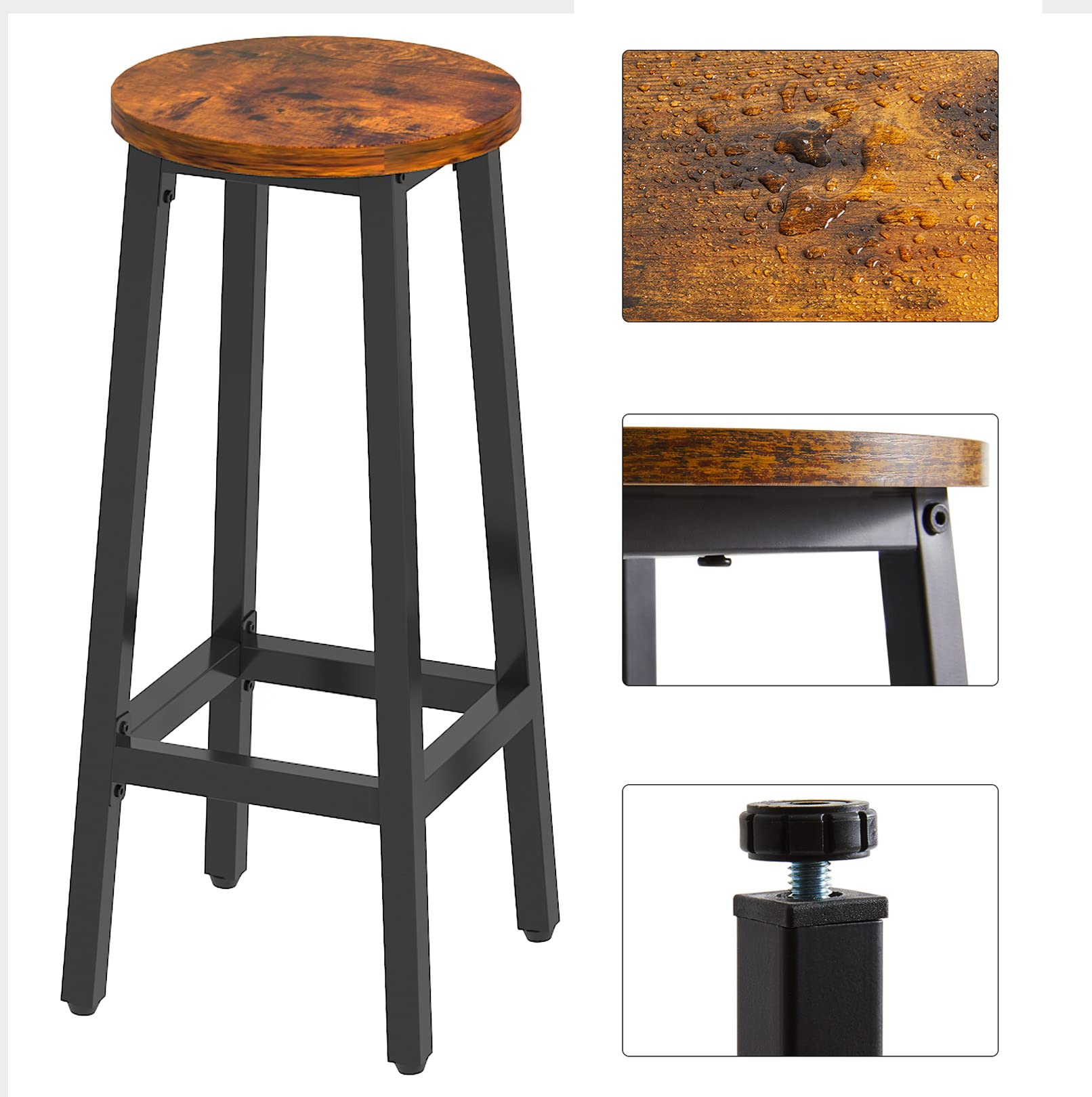 YMYNY Set di 4 Sgabelli da Bar, Sgabelli da Pranzo, Sgabelli da Cucina, Effetto Legno, con Struttura in Metallo, in Stile Industriale, 29×29×70CM, Marrone Rustico HTMJ510H-2