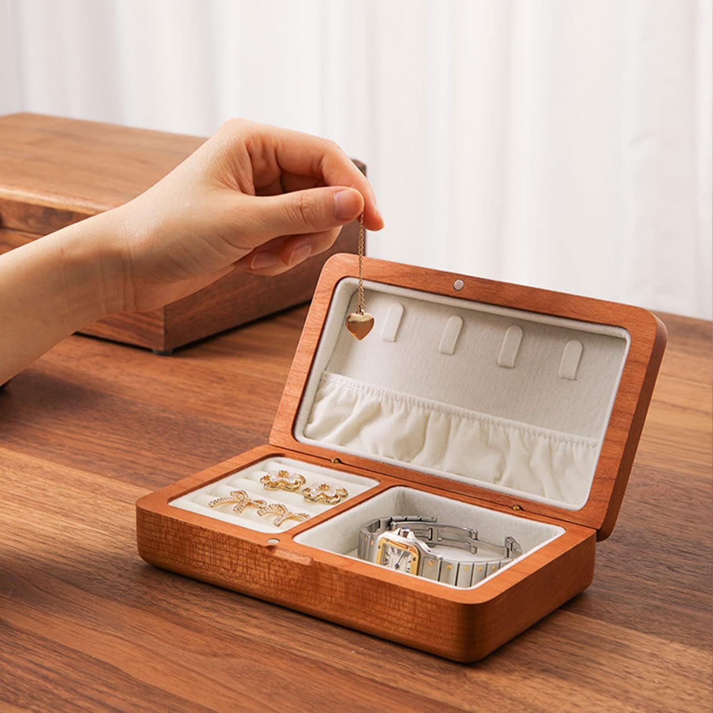 Jewelry Box Ladies Retro Travel Portable Mini Simple Solid Wood Wooden Small Jewelry Organize Storage Display Box (Cherry Wood)