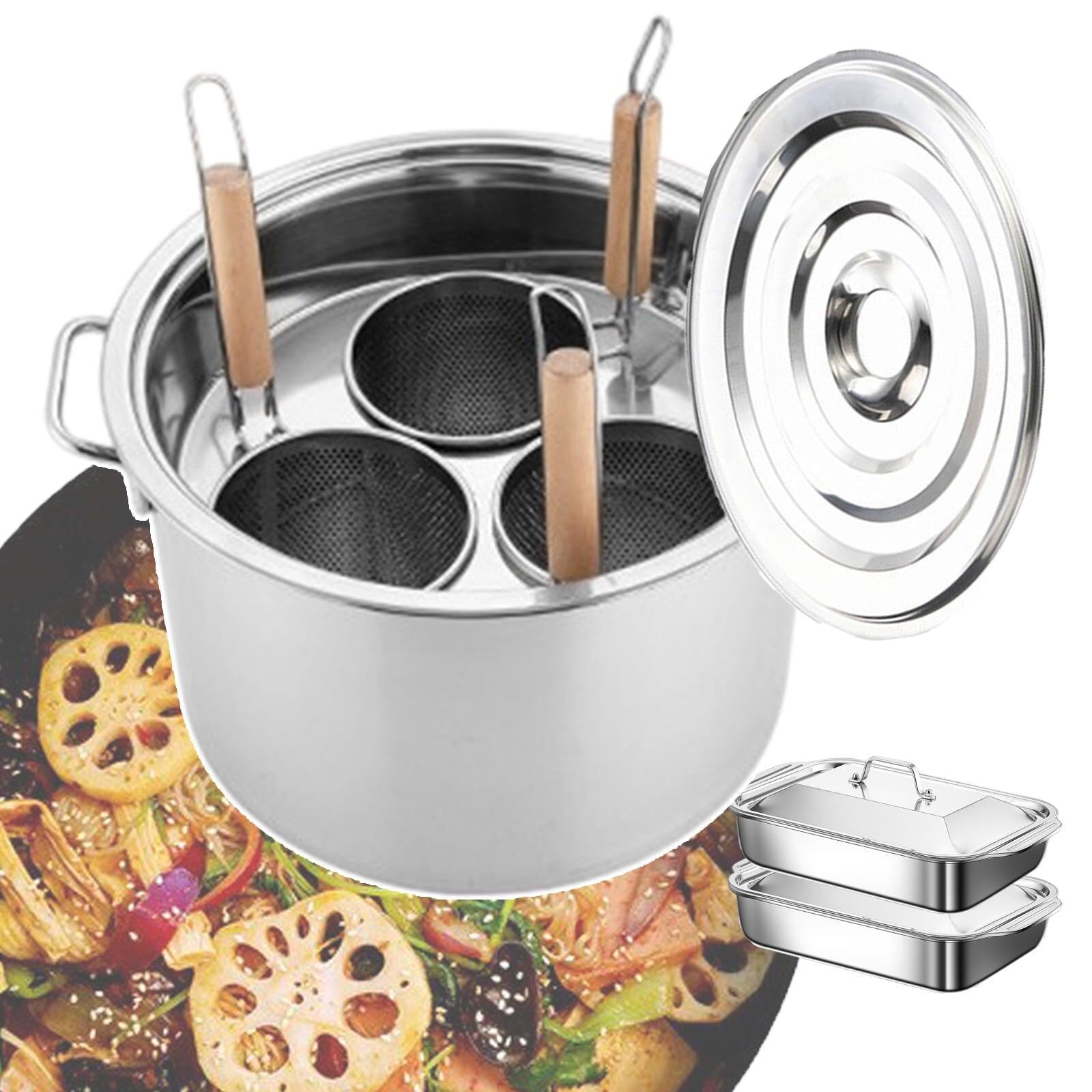 Commercial Pasta Cooker Set, Stainless Steel Spaghetti Noodle Pot with Strainer Basket, 2 Baking Trays, Stock Pot, Divider, Hanging Lid for Induction, Gas &amp; Electric Stoves