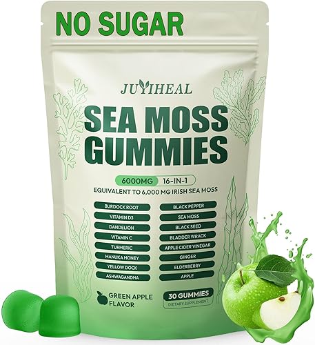 Gomitas de musgo marino 16 en 1 con aceite de semilla negra de Ashwagandha, cúrcuma, vitamina C y D3 con raíz de bardana de manuka, gomitas de musgo
