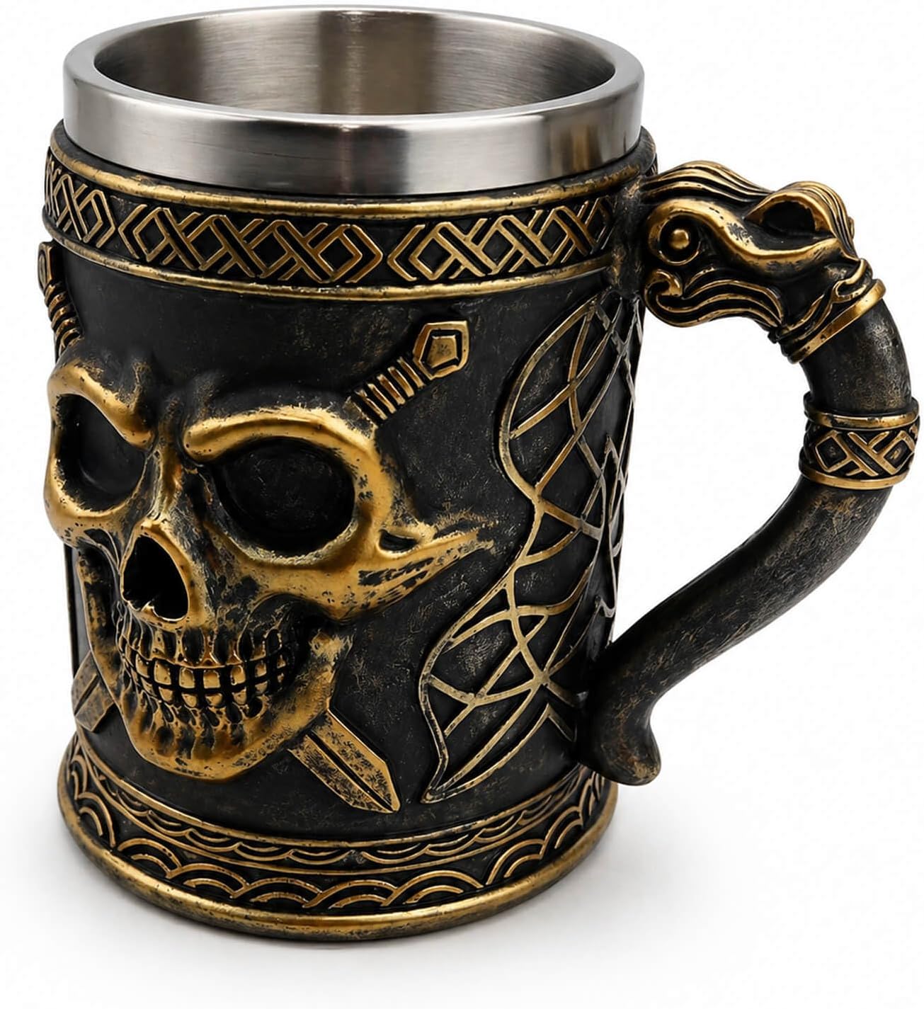 Viking Skull Tankard, 14oz Stainless Steel Beer Stein