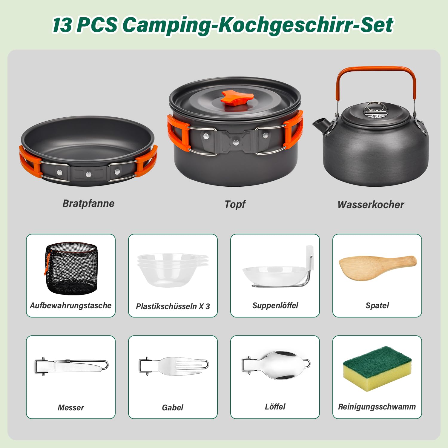 Onherm Juego de Utensilios de Cocina para Acampar, 13 Piezas de vajilla Plegable para Exteriores con Olla, sartén y teteras para Senderismo, Cocina al Aire Libre y Picnic para 1-4 Personas.