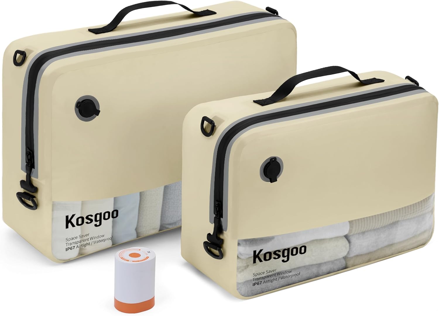 Vacuum Compression Bags for Travel with Pump Reusable for Carry-on Suitcase Backpack Home Storage, IP67 Waterproof, Wide Opening, Transparent Window (2 Pack + Pump Beige)