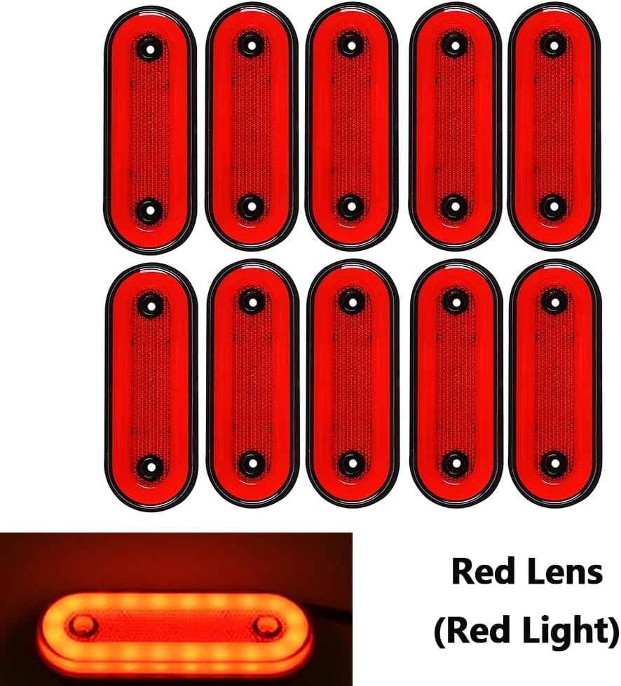 12V-24V LED Side Marker Lights Universal Clearance Lights for Truck RV Trailer Lorry Van Boat Marine, 10-Packs Surface Mount LED Oval Side Fender Marker Indicator Lights, Red Lens Red Light