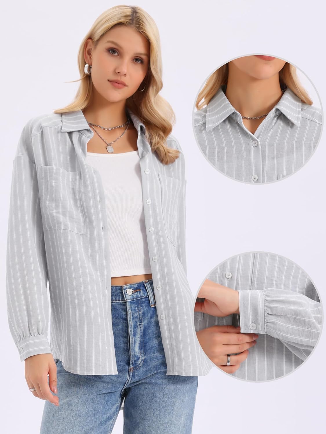Allegra K Striped Button Down Shirt for Women Long Sleeve Casual Collared Work Blouses Tops - Image 3