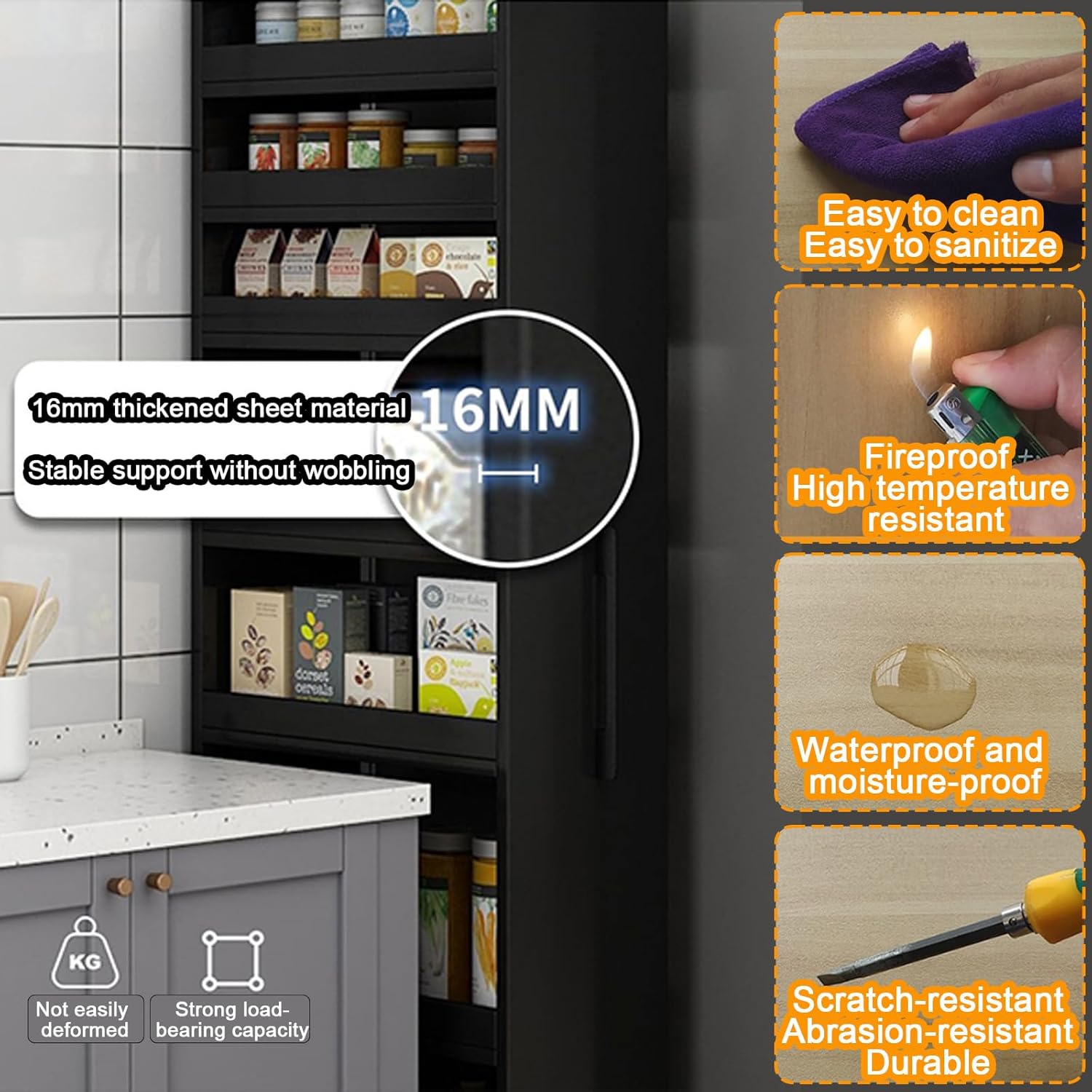 7 Tier Standing-Shelf with Wheels, 5.9/7.9/9.8'', Wooden Slim Storage Cart, Thickened Plate, Scratch-Resistant and Wear-Resistant, for Home, Kitchen, Bakers, Closet, Pantry, Dining Room