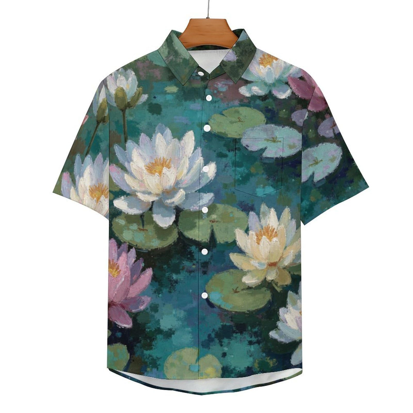 Camicie da Uomo a Maniche Corte con Stampa della Ninfee Dipinto Ad Olio Estetica Moderna, Casual Leggere Bottoni Camicia con Tasca Frontale, per Vacanze Spiaggia Estate