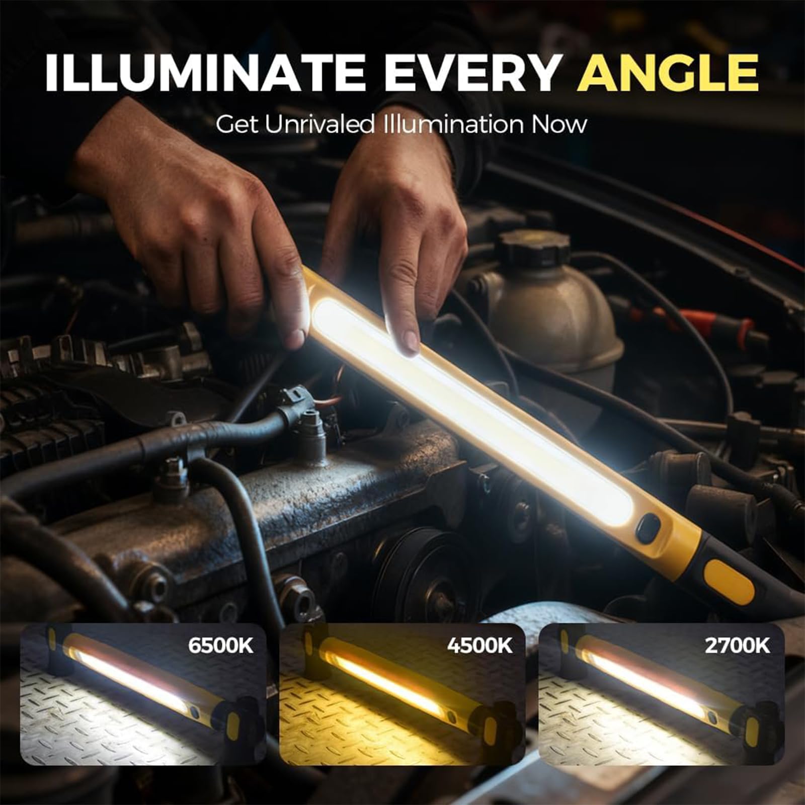 Luz de trabajo recargable de 3000 lúmenes, lámpara de inspección magnética portátil, batería de 5200 mAh, 3 modos de color, ajustable a 360°, ideal para garaje, taller y uso automotriz