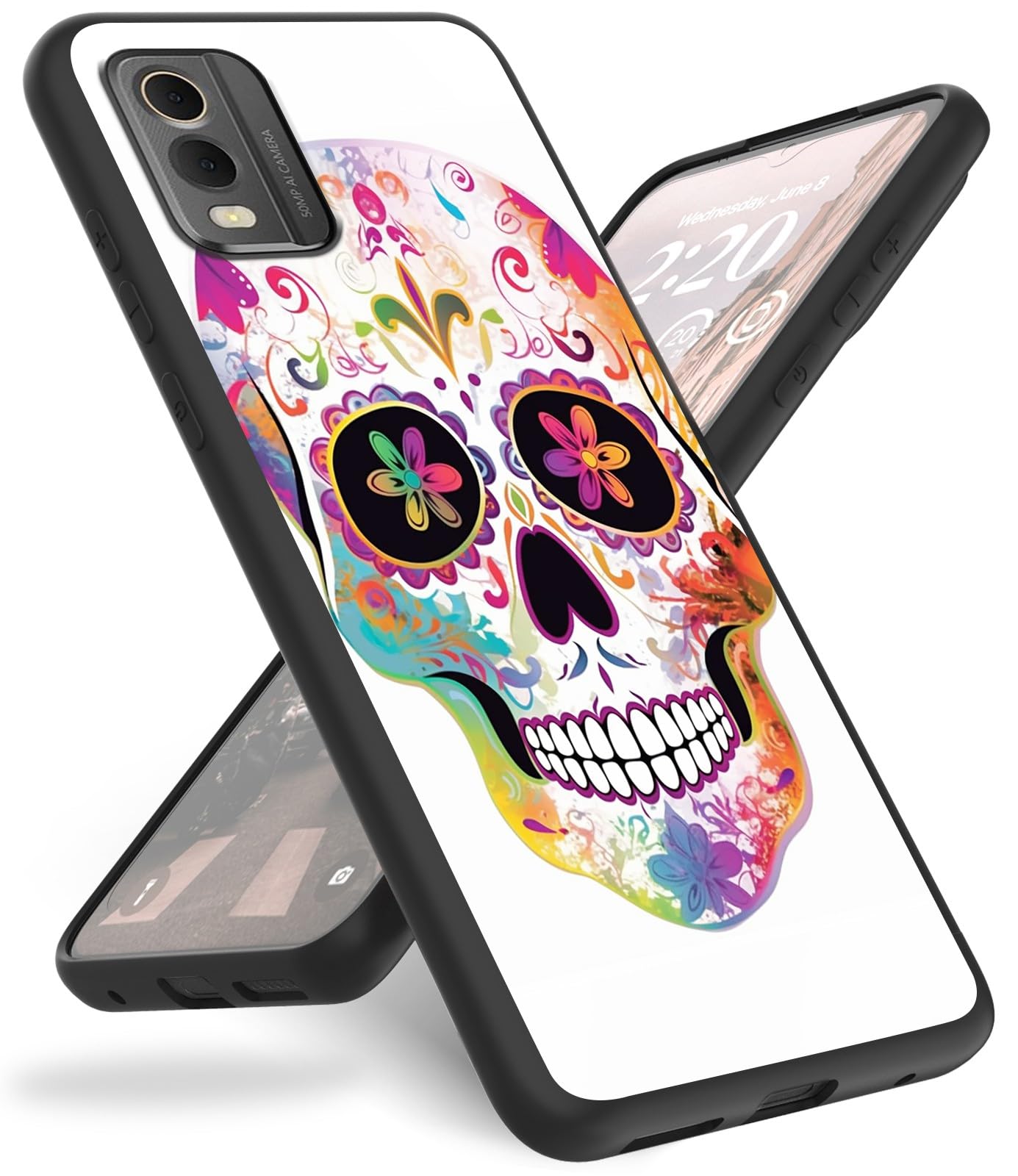 Case for Nokia C32 Phone Case 6.5",Slim Anti-Scratch Shockproof Durable Black Silicone Protective Cover Case for Nokia C32 2023,Elegant Skulls Flower