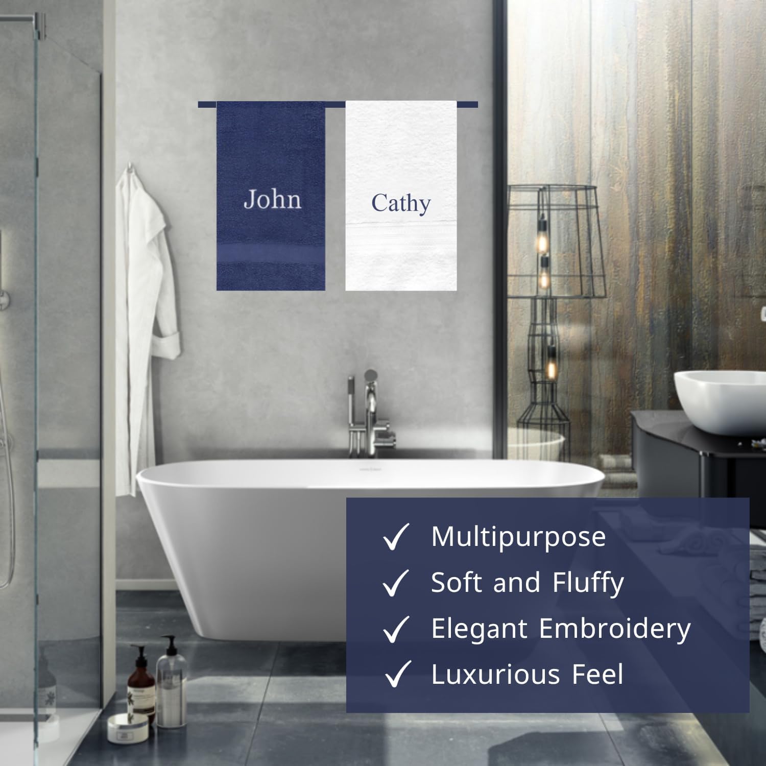 Shape28 Custom Name Towels Set of Two 27"x54" Personalized Gift, Great for Spa, Gym, Drom (White/Navy) - Image 5