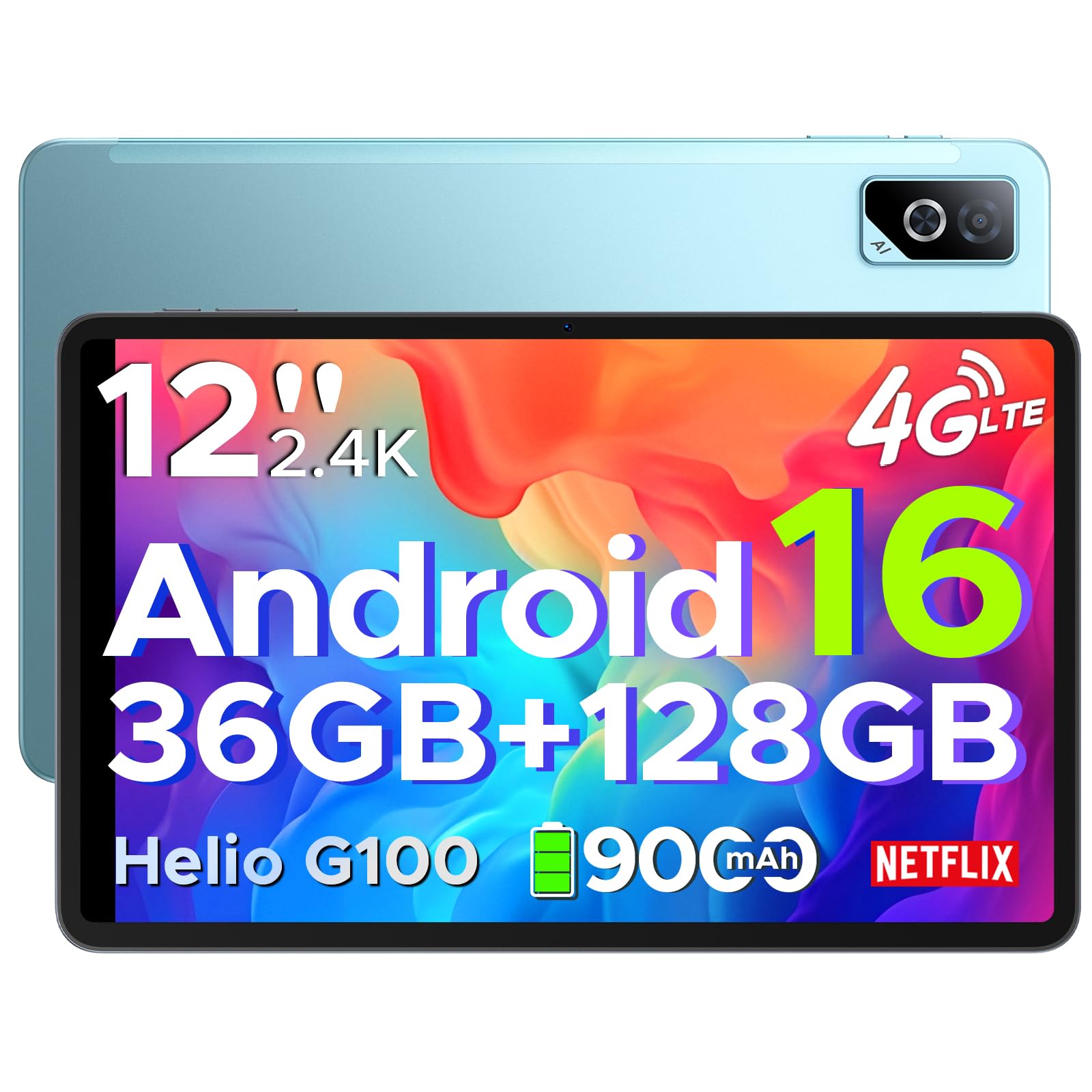 DOOGEE Tab G6 Pro Tablet 12 Pollici, Tablets Android 16, 90Hz 2.4K 36GB RAM+128GB ROM/TF 2TB, Helio G100 Octa-Core PC con sim, 4G LTE/5G WiFi/9000mAh/Gemini AI/13MP+8MP/OTG/FACE ID/Doppi altoparlanti
