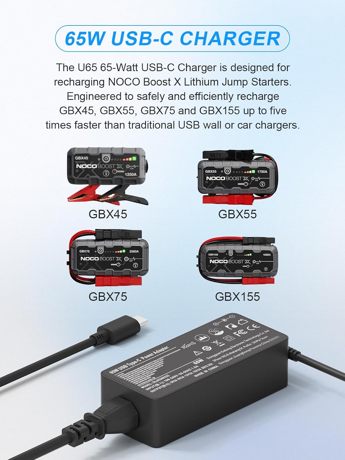 65W USB C AC Power Adapter Charger for NOCO Boost X Series GBX45 GBX55 GBX75 GBX155 Portable Jump Starter Power Supply Cord