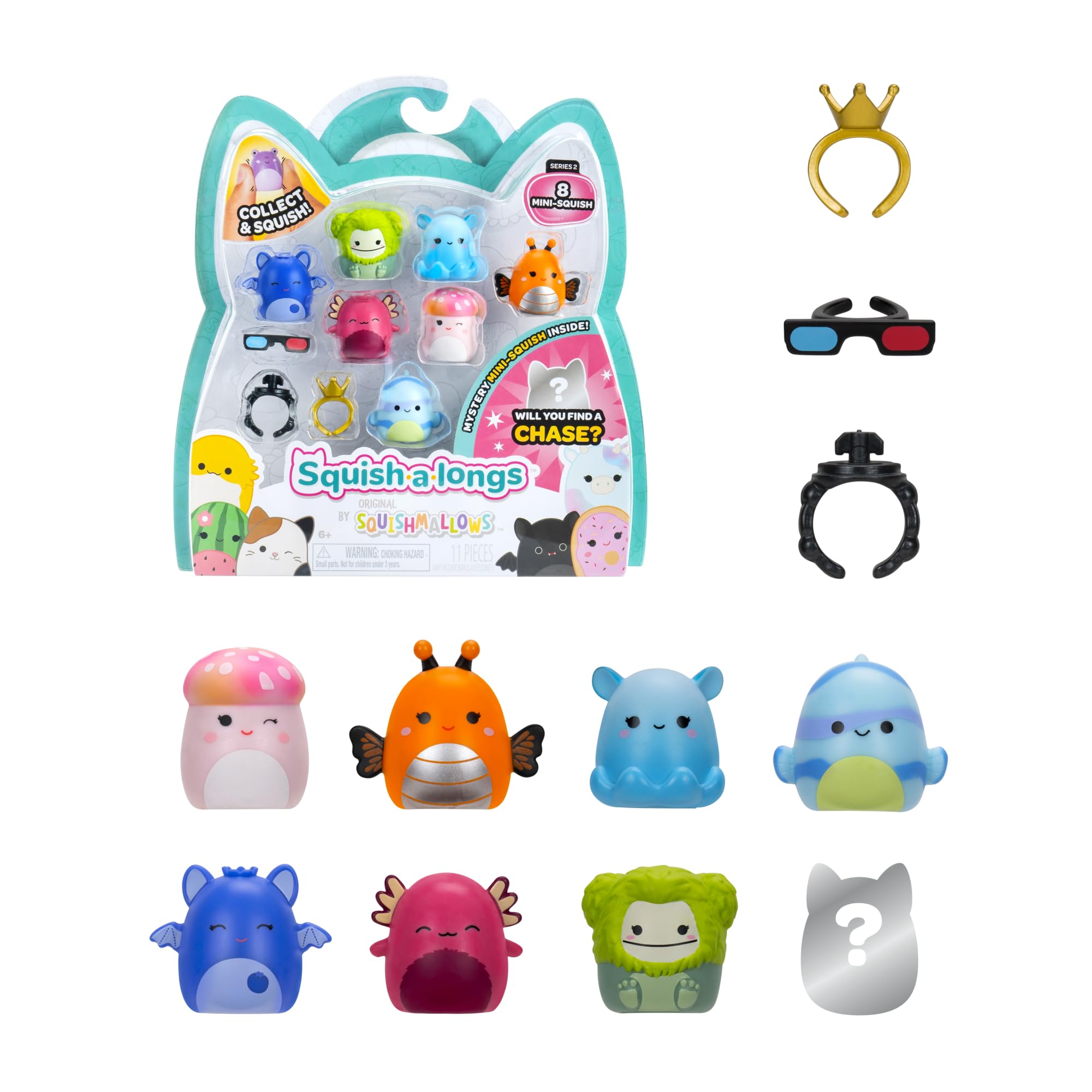 Squish-a-longs 8 Pack (STYLE 2- W2), (8) 1” Mini-Squish with (2) Accessories, (1) Ring, and a Collector’s Guide, Collect