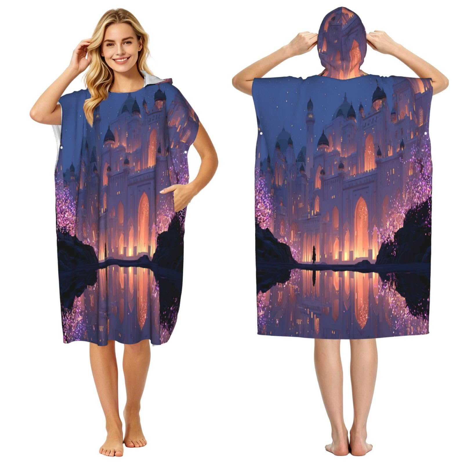 DTHKJNLSF Night In The Castle Adult Hooded Beach Poncho Towel