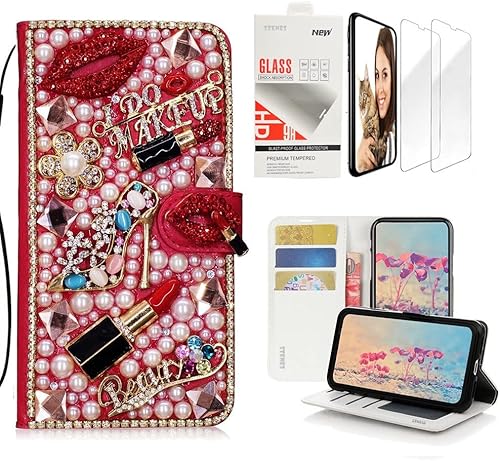 Miniatura 8 de STENES Bling - Funda tipo cartera compatible con iPod Touch de 7ª generación (2019), elegante, hecha a mano, 3D, diseño de flores de mariposa rosa