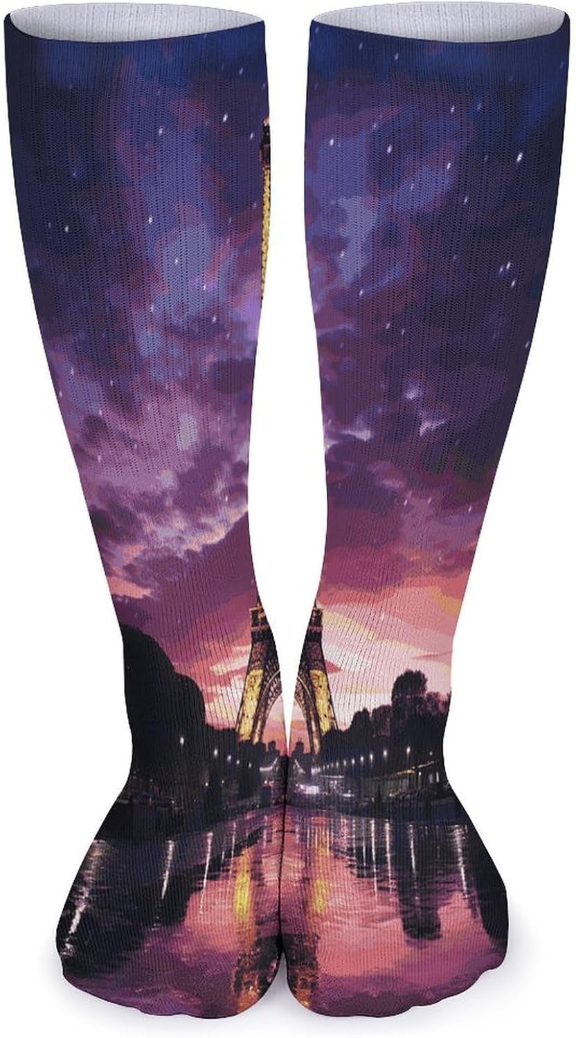 Purple Eiffel Tower Knee High Socks Cozy Knee High Socks Soft Mid-Length Sock for All Seasons Daily Wear Adult