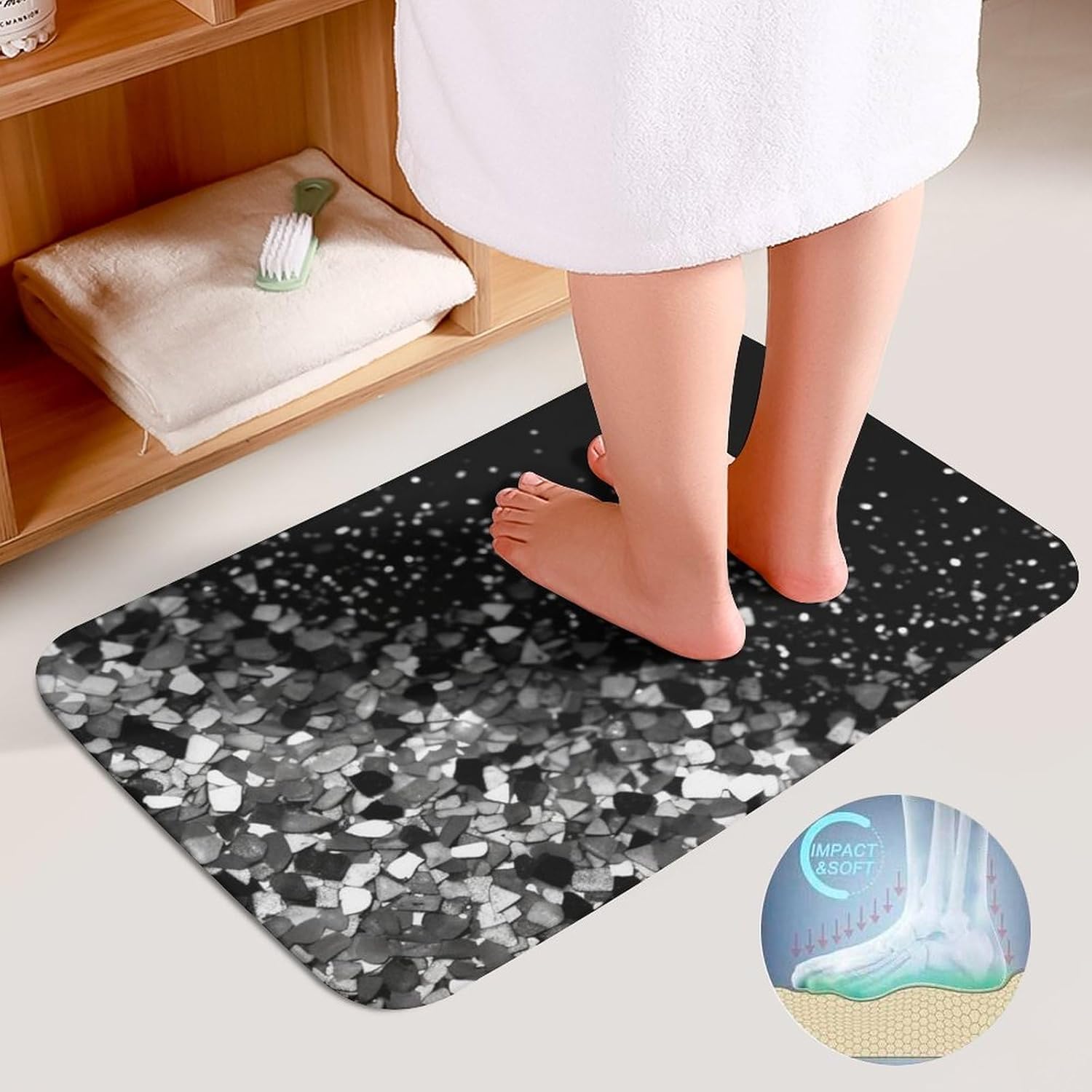 Anti-Skid Floor Mats 3 Piece Set,Black White Glitter Printed Coral Fleece Bathroom Mats U-Shaped Contour Mat Toilet Seat Cover for Bathroom, Tub, Shower, Kitchen 19.7"x31.5"