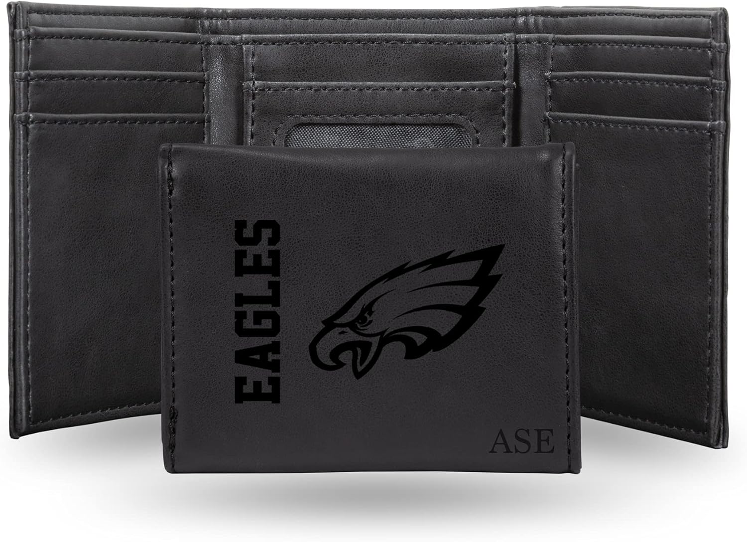 Rico Industries NFL Football Philadelphia Eagles Black Personalized-Custom Laser Engraved Faux Leather Tri-fold Wallet - Slim Wallet