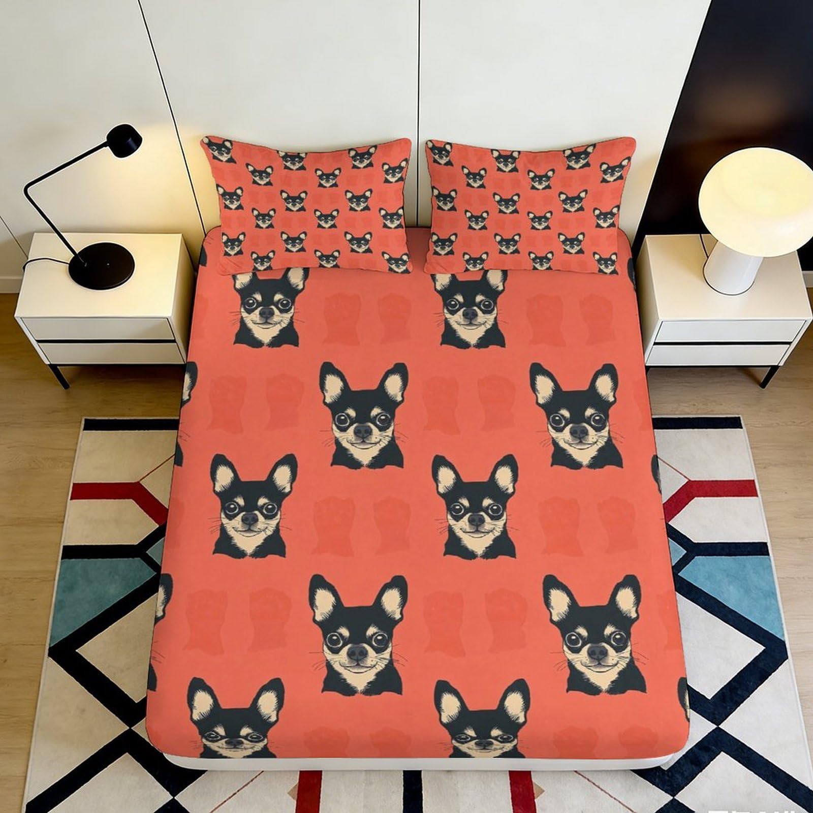 3D Printed Chihuahua Dog Fitted Sheet Microfiber Durable Soft Breathable Cartoon Pet Bed Sheet for Bedroom Dormitory Guest Room Mattress Cover 120x200x25cm