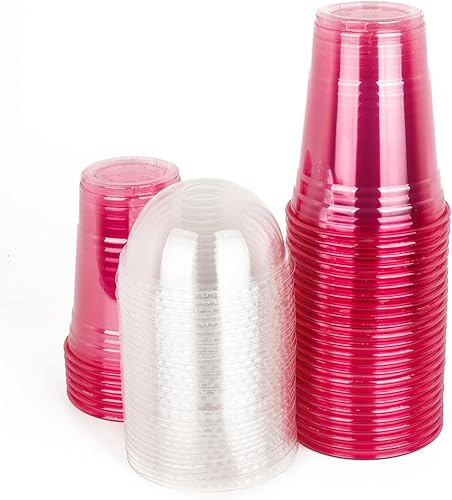 Miniatura 6 de Golden Apple, Juego de 30 tazas de plástico rosa y rojo con tapas de cúpula transparente con agujero (30 tazas + 30 tapas) sin BPA