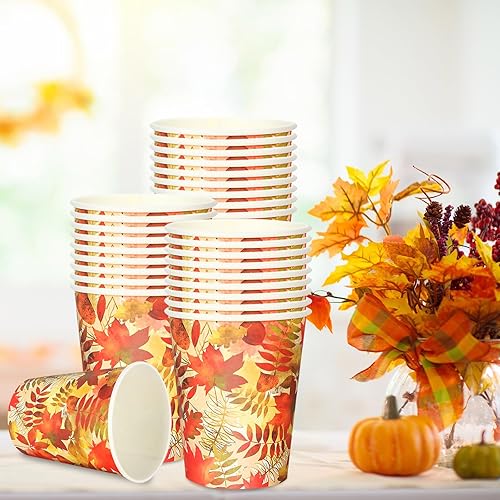 Miniatura 7 de Whaline 100 vasos de papel de hojas de arce otoñales desechables para acuarela, Acción de Gracias, coloridas hojas de otoño, tazas de fiesta para