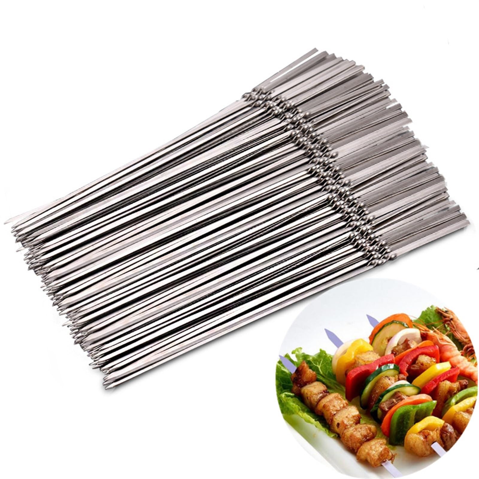 Brochetas de Kebab, 20 Piezas Reutilizables Planas Acero Inoxidable for Barbacoa, compatibles con Pinchos Aguja for