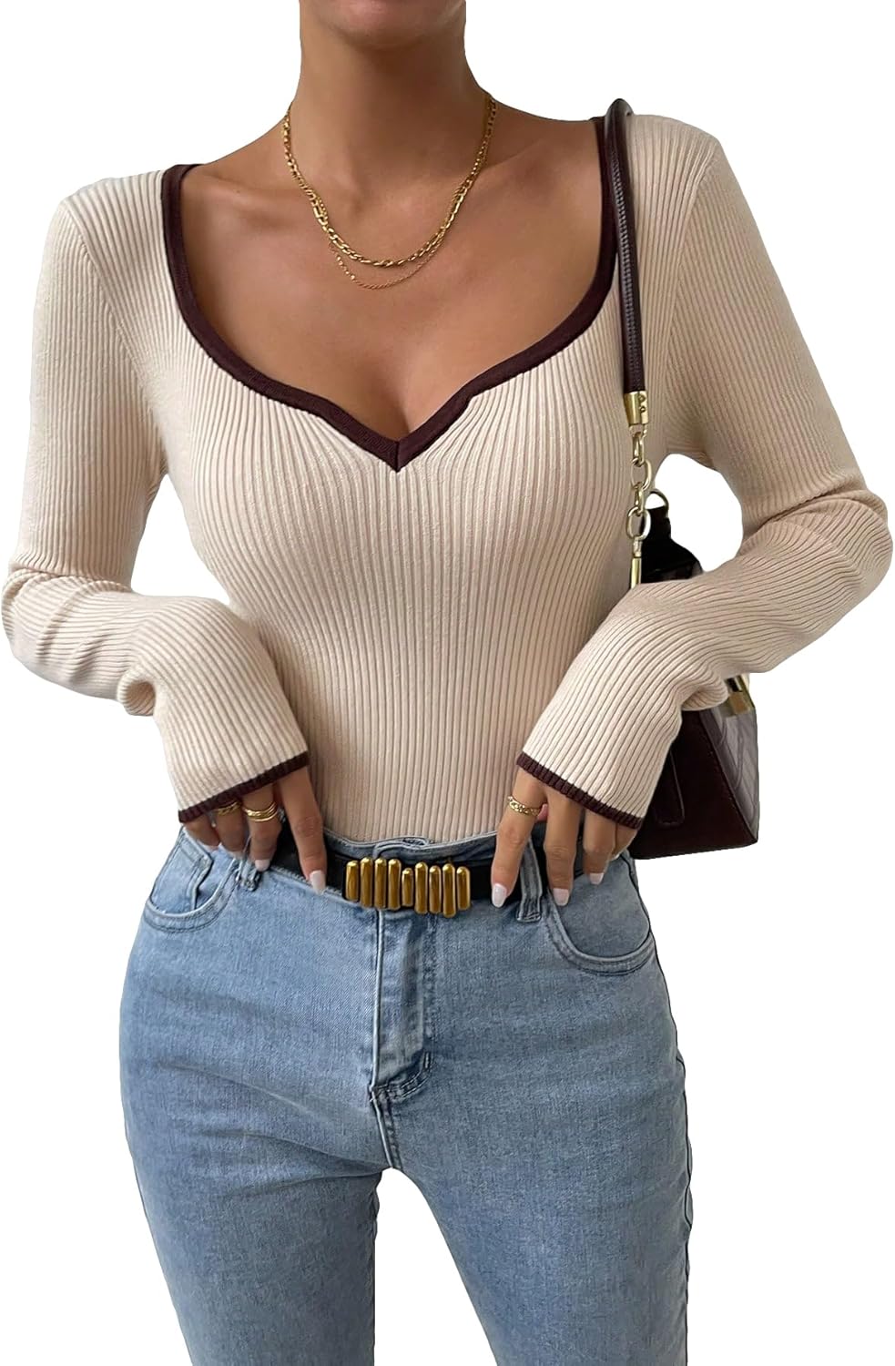 SHENHE Women's Ribbed Color Block Sweater Sweetheart Neckline Fitted Fall Sweater Pullover