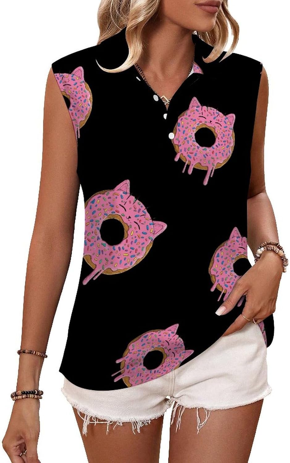 Cat Donut Womens Sleeveless V Neck Golf Polo Shirts | Collared Tank Tops