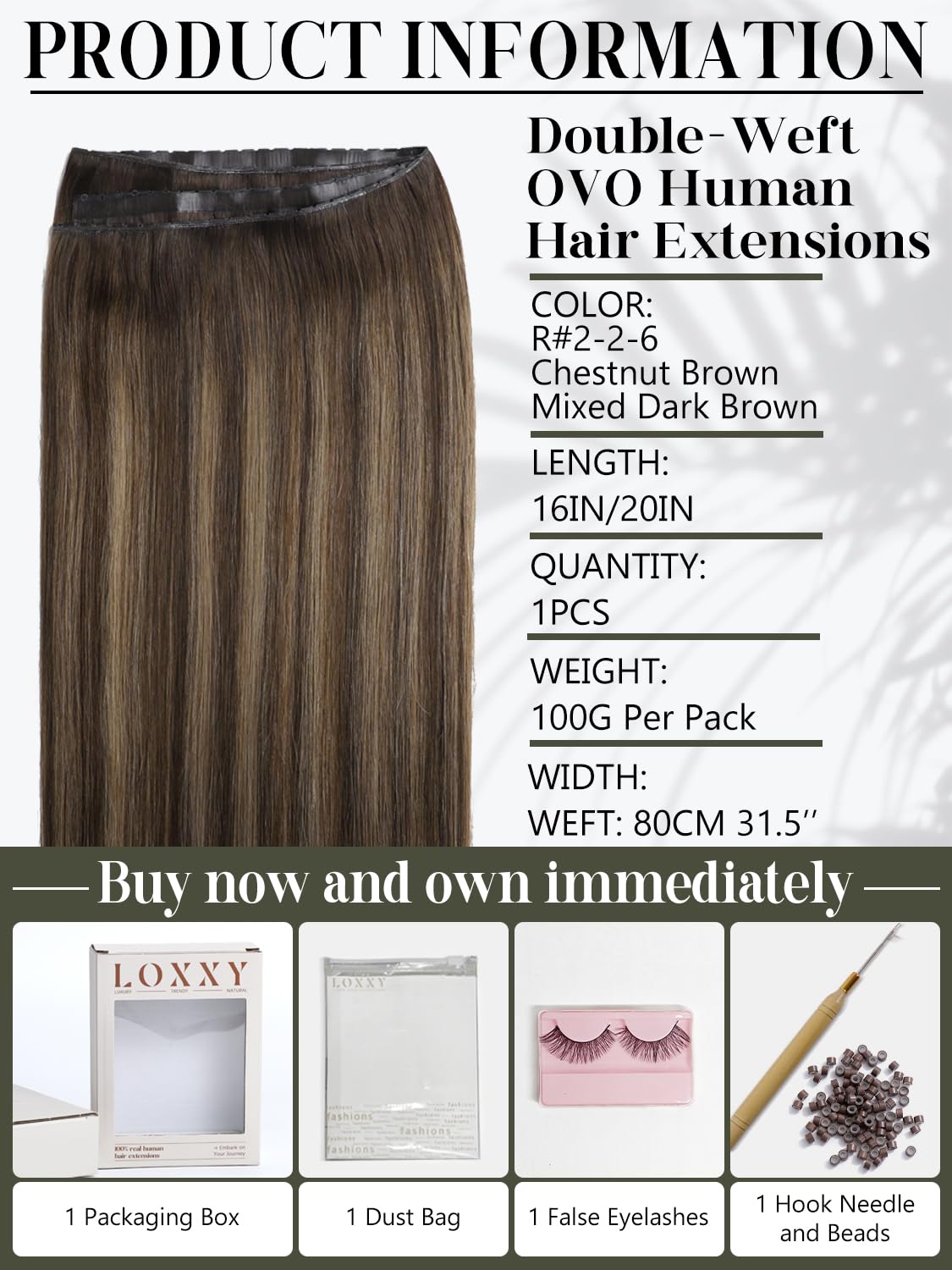 LOXXY OVO Butterfly Weft Hair Extensions Real Human Hair - 16 Inch 100g Invisible Darkest Brown to Chestnut Brown Highlights - Double Weft Bead in Hair Extensions, PU Hole Twin Tab Width 31.5"(80cm)