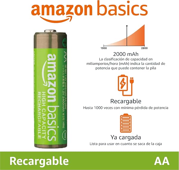 Amazon Basics paquete de 4 baterías AA NiMH recargables, 2400 mAh, 1,2 V, se recargan hasta 400 veces, precargadas - 2