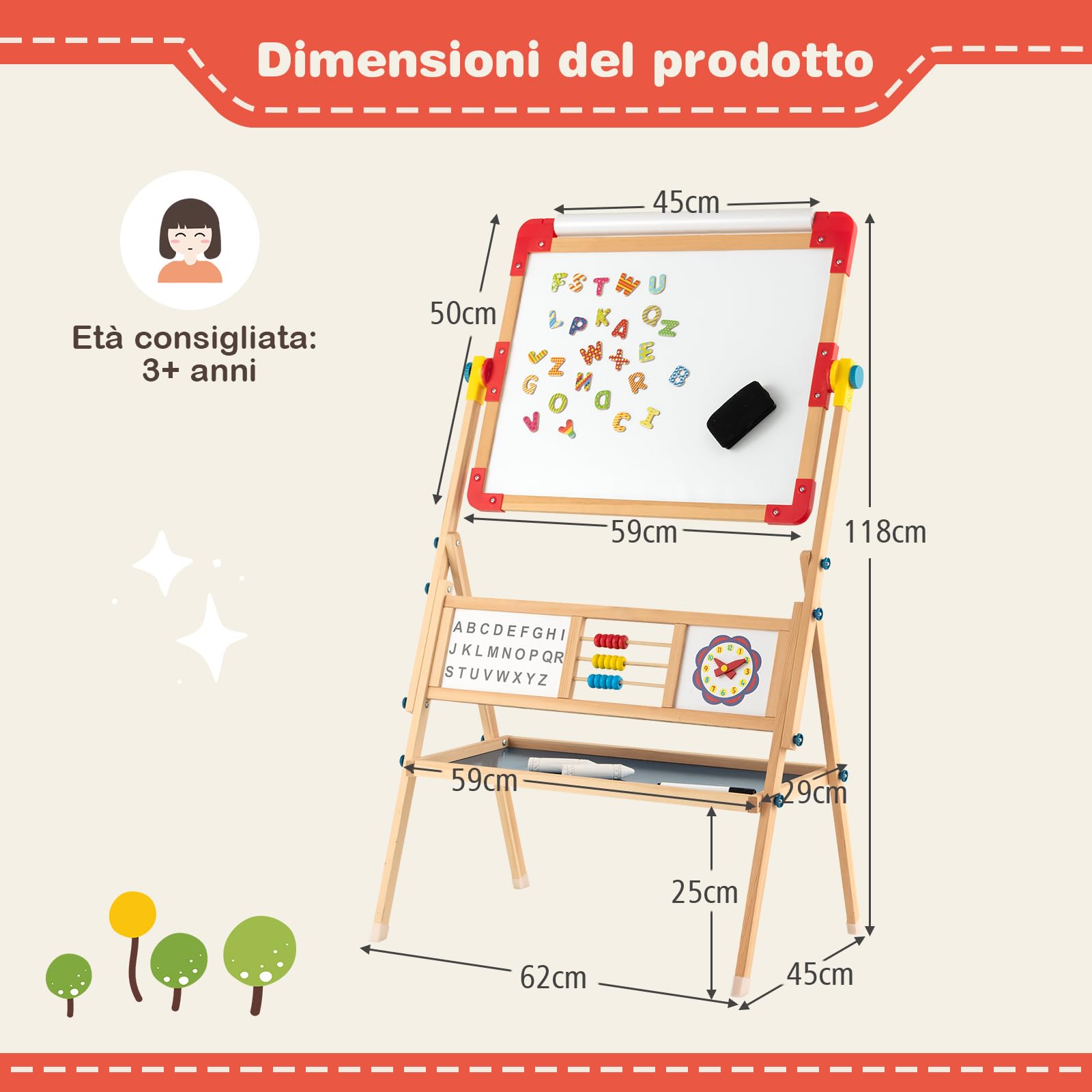 RELAX4LIFE Cavalletto d’Arte per Bambini, Cavalletto in Legno Bifacciale Regolabile con Lavagna Magnetica e Classica, Lettere Magnetiche, Lavagna da Disegno in Piedi per Bambini e Bambine