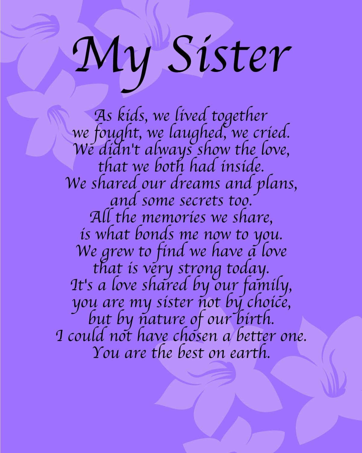 Personalised My Sister Poem Birthday Christmas Sister Anniversary Husband Wife Boyfriend Girlfriend Present Gift Perfect For Framing