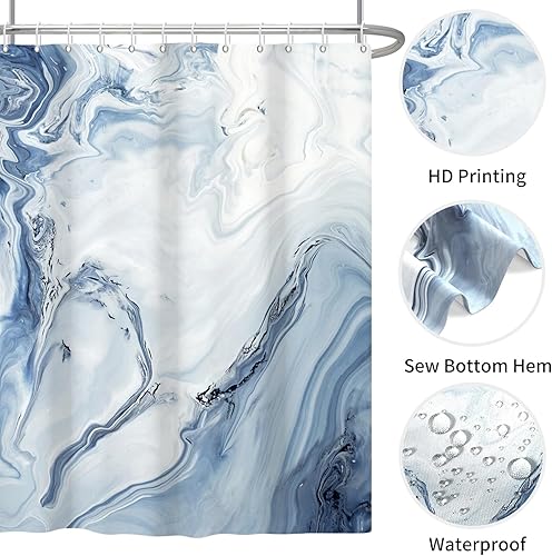 Miniatura 4 de deFouliao Cortina de ducha azul con diseño de mármol moderno abstracto para decoración del hogar, tela impermeable lavable con ganchos, 72 x 72